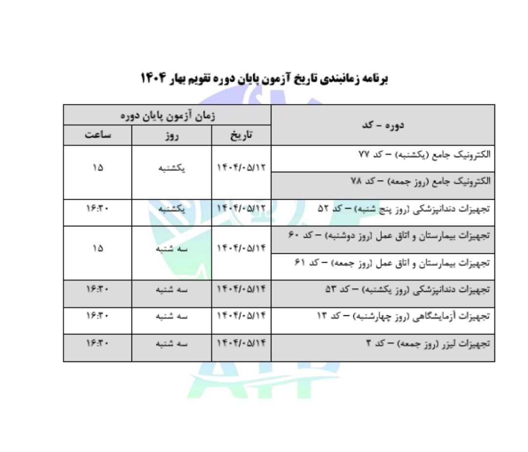تاریخ برگزاری آزمون پایان دوره